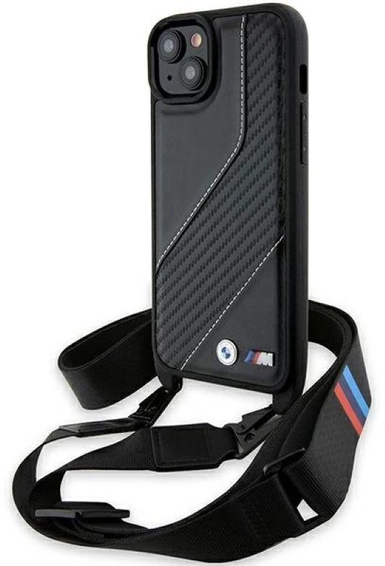 Dėklas BMW BMHCP15S23PSCCK Apple iPhone 15 / 14 / 13 6.1″ juodos spalvos hardcase M Edition Carbon Stripe & Strap