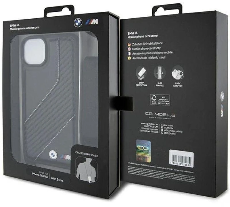 Dėklas BMW BMHCP15S23PSCCK Apple iPhone 15 / 14 / 13 6.1″ juodos spalvos hardcase M Edition Carbon Stripe & Strap