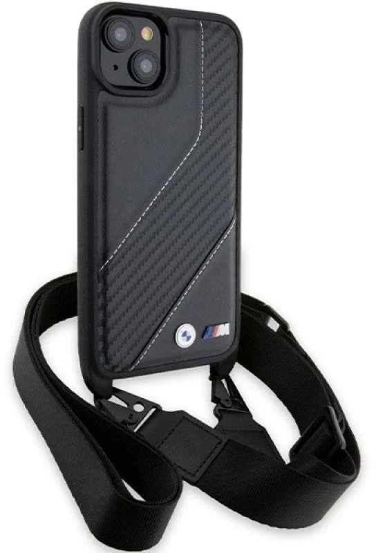 Dėklas BMW BMHCP15S23PSCCK Apple iPhone 15 / 14 / 13 6.1″ juodos spalvos hardcase M Edition Carbon Stripe & Strap