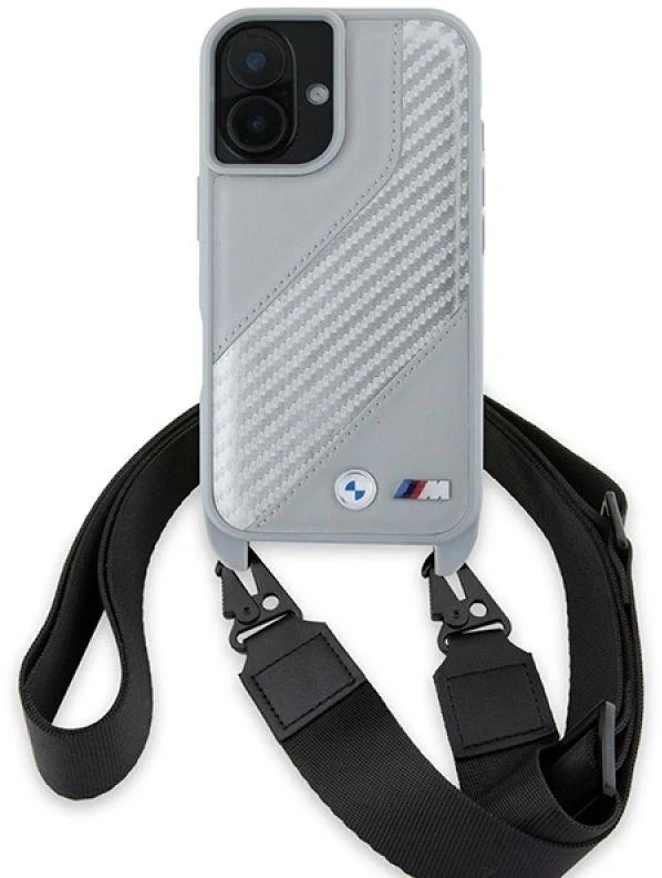 BMW BMHCP16S23PSCCG Apple iPhone 16 6.1 pilkas kietas dėklas M Edition anglies pluošto juostele ir dirželiu