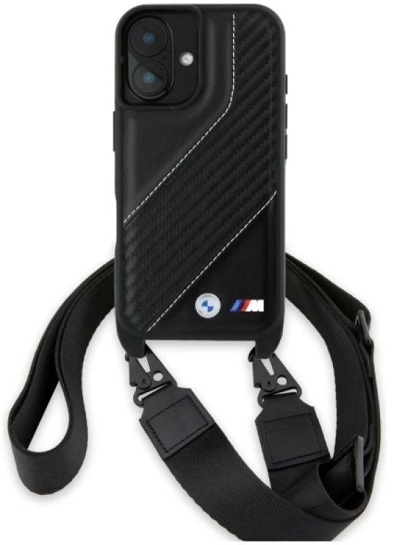 Dėklas BMW BMHCP16M23PSCCK Apple iPhone 16 Plus 6.7″ juodos spalvos hardcase M Edition Carbon Stripe & Strap