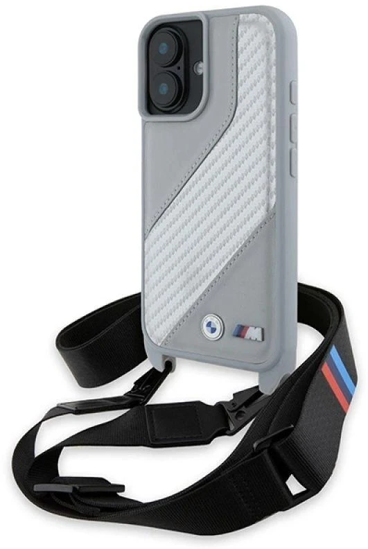 BMW BMHCP16S23PSCCG Apple iPhone 16 6.1 pilkas kietas dėklas M Edition anglies pluošto juostele ir dirželiu