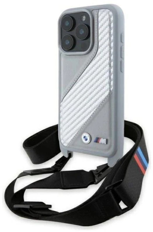BMW BMHCP16L23PSCCG Apple iPhone 16 Pro 6.3" pilkas kietas dėklas M Edition anglies pluošto juostele ir dirželiu