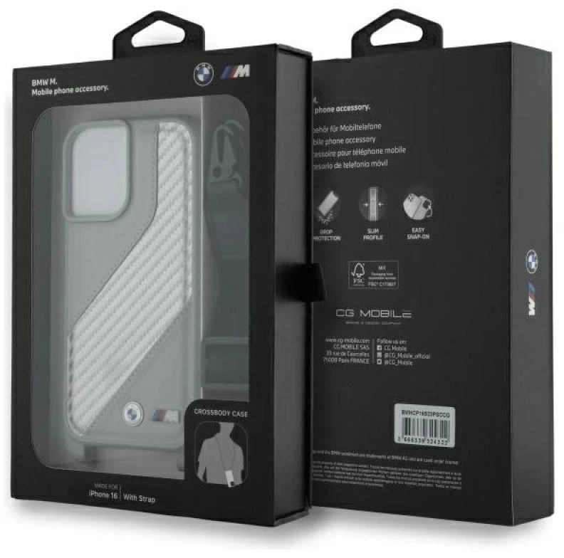 BMW BMHCP16S23PSCCG Apple iPhone 16 6.1 pilkas kietas dėklas M Edition anglies pluošto juostele ir dirželiu