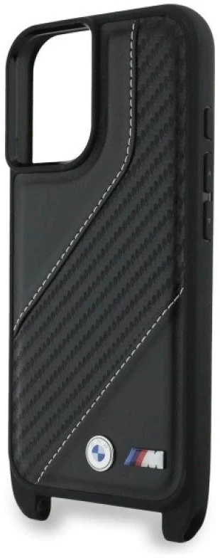 Dėklas BMW BMHCP16S23PSCCK Apple iPhone 16 6.1″ juodos spalvos hardcase M Edition Carbon Stripe & Strap