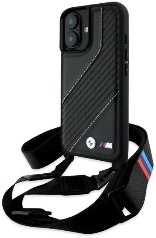 Dėklas BMW BMHCP16S23PSCCK Apple iPhone 16 6.1″ juodos spalvos hardcase M Edition Carbon Stripe & Strap