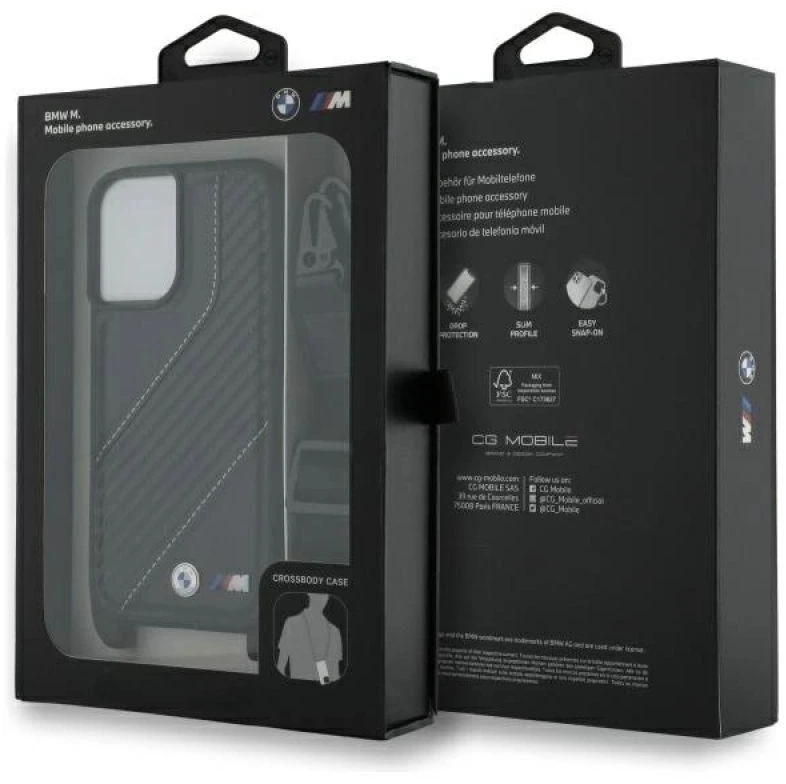 Dėklas BMW BMHCP16S23PSCCK Apple iPhone 16 6.1″ juodos spalvos hardcase M Edition Carbon Stripe & Strap