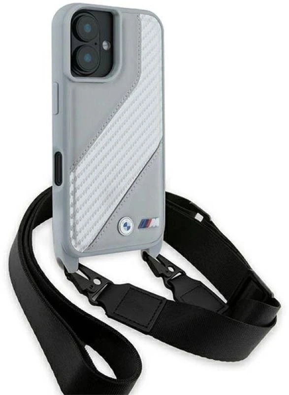 BMW BMHCP16S23PSCCG Apple iPhone 16 6.1 pilkas kietas dėklas M Edition anglies pluošto juostele ir dirželiu