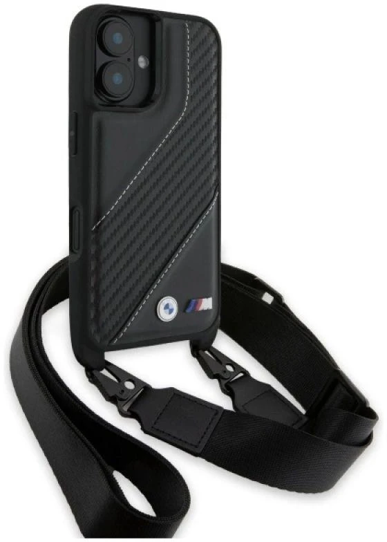Dėklas BMW BMHCP16S23PSCCK Apple iPhone 16 6.1″ juodos spalvos hardcase M Edition Carbon Stripe & Strap