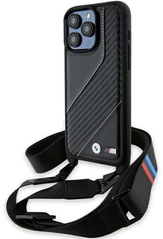 Dėklas BMW BMHCP15X23PSCCK Apple iPhone 15 Pro Max 6.7″ juodos spalvos hardcase M Edition Carbon Stripe & Strap