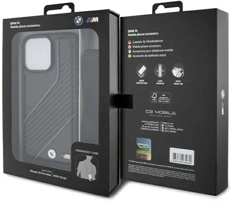 Dėklas BMW BMHCP15X23PSCCK Apple iPhone 15 Pro Max 6.7″ juodos spalvos hardcase M Edition Carbon Stripe & Strap
