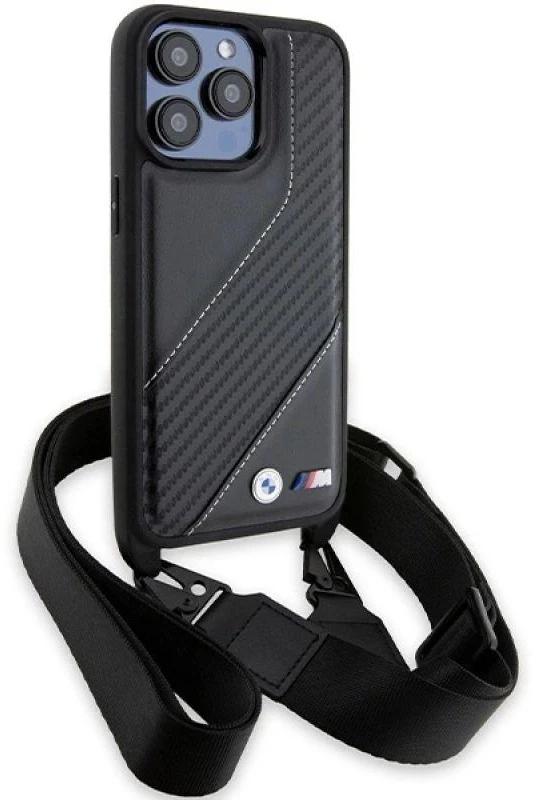 Dėklas BMW BMHCP15X23PSCCK Apple iPhone 15 Pro Max 6.7″ juodos spalvos hardcase M Edition Carbon Stripe & Strap