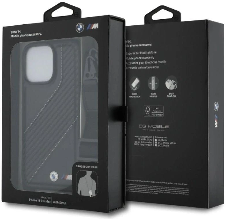 Dėklas BMW BMHCP16X23PSCCK Apple iPhone 16 Pro Max 6.9″ juodos spalvos hardcase M Edition Carbon Stripe & Strap