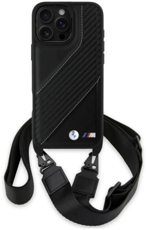 Dėklas BMW BMHCP16X23PSCCK Apple iPhone 16 Pro Max 6.9″ juodos spalvos hardcase M Edition Carbon Stripe & Strap