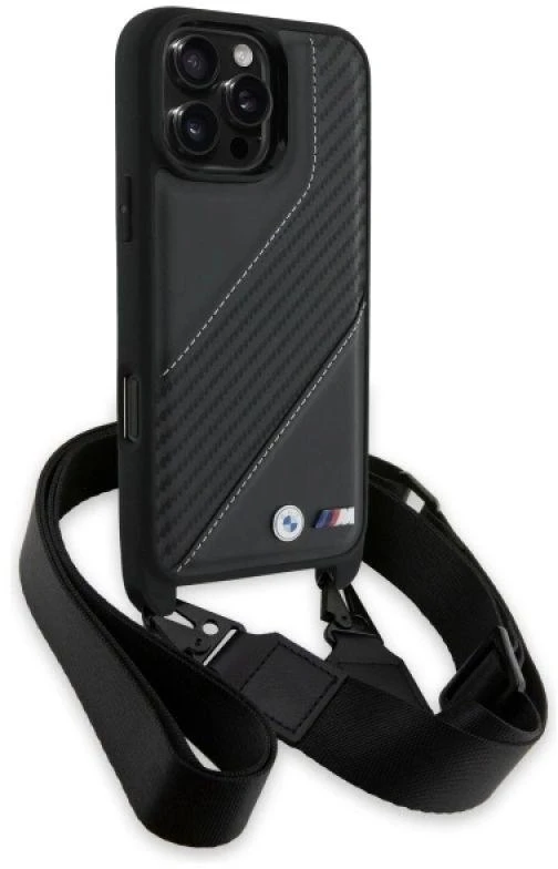Dėklas BMW BMHCP16X23PSCCK Apple iPhone 16 Pro Max 6.9″ juodos spalvos hardcase M Edition Carbon Stripe & Strap