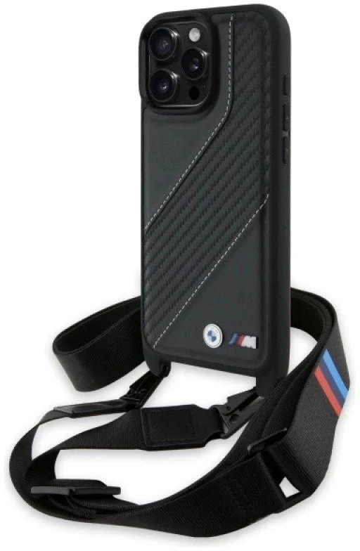 Dėklas BMW BMHCP16X23PSCCK Apple iPhone 16 Pro Max 6.9″ juodos spalvos hardcase M Edition Carbon Stripe & Strap