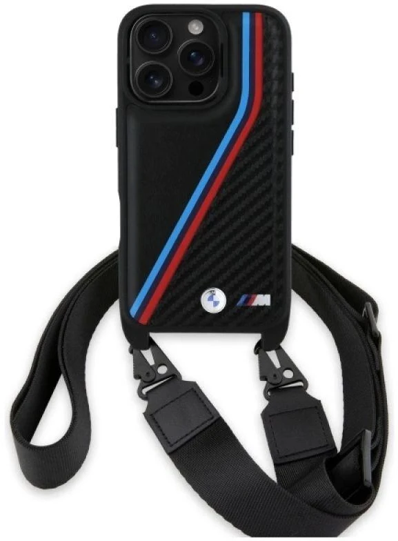 Dėklas BMW BMHCP16L23PSVTK Apple iPhone 16 Pro 6.3″ juodos spalvos hardcase M Edition Carbon Tricolor Lines & Strap