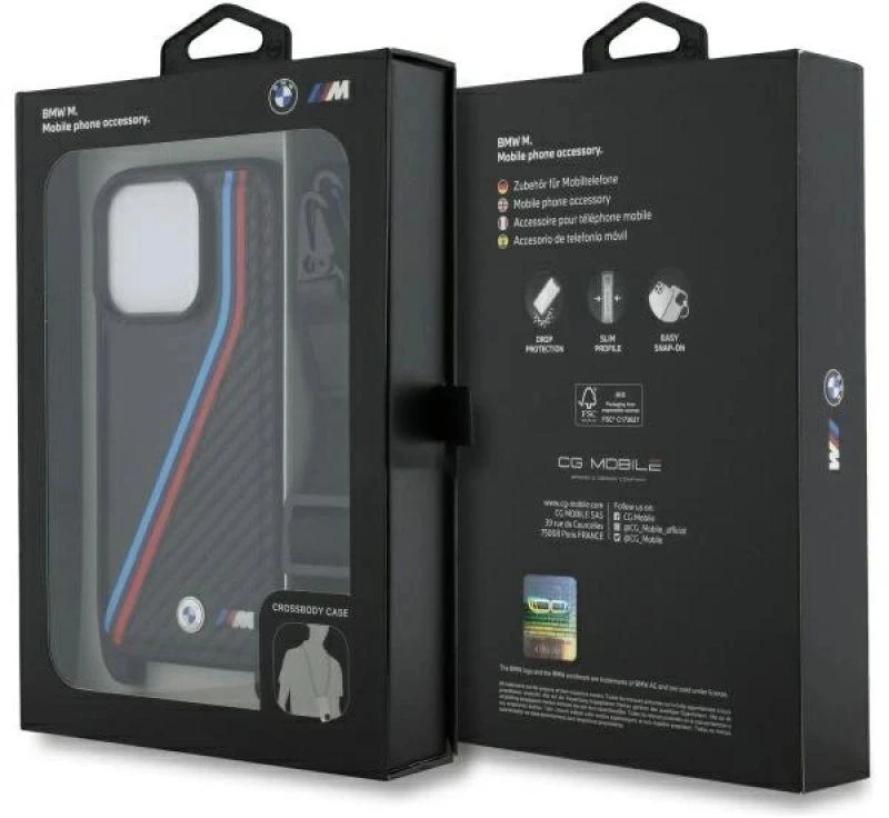 Dėklas BMW BMHCP16L23PSVTK Apple iPhone 16 Pro 6.3″ juodos spalvos hardcase M Edition Carbon Tricolor Lines & Strap