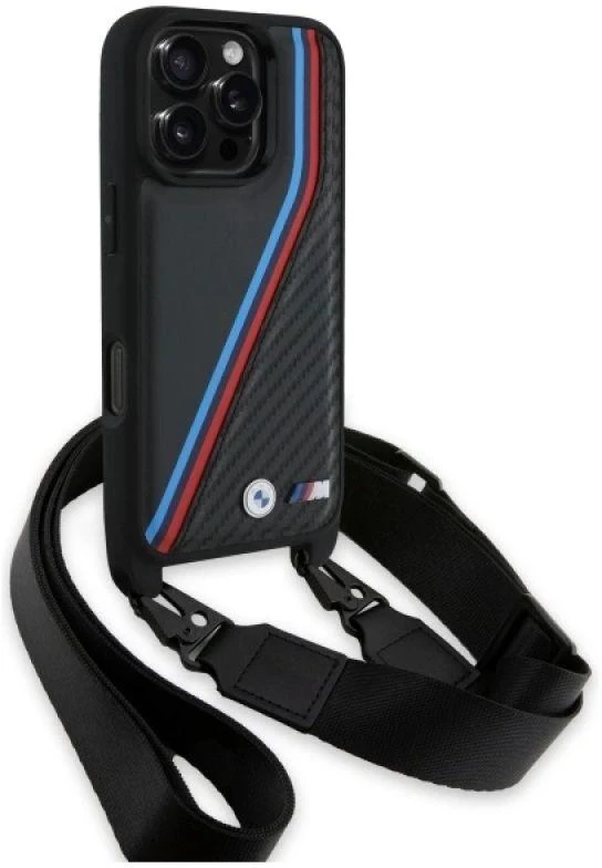Dėklas BMW BMHCP16L23PSVTK Apple iPhone 16 Pro 6.3″ juodos spalvos hardcase M Edition Carbon Tricolor Lines & Strap