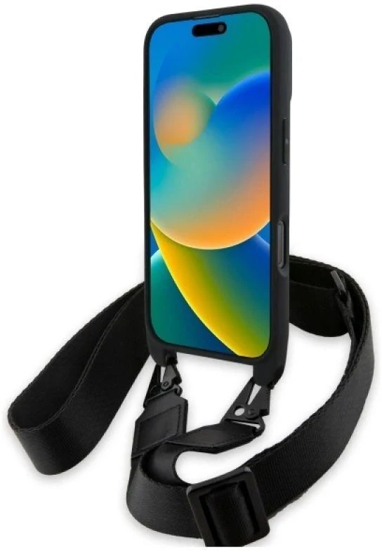 Dėklas BMW BMHCP16L23PSVTK Apple iPhone 16 Pro 6.3″ juodos spalvos hardcase M Edition Carbon Tricolor Lines & Strap