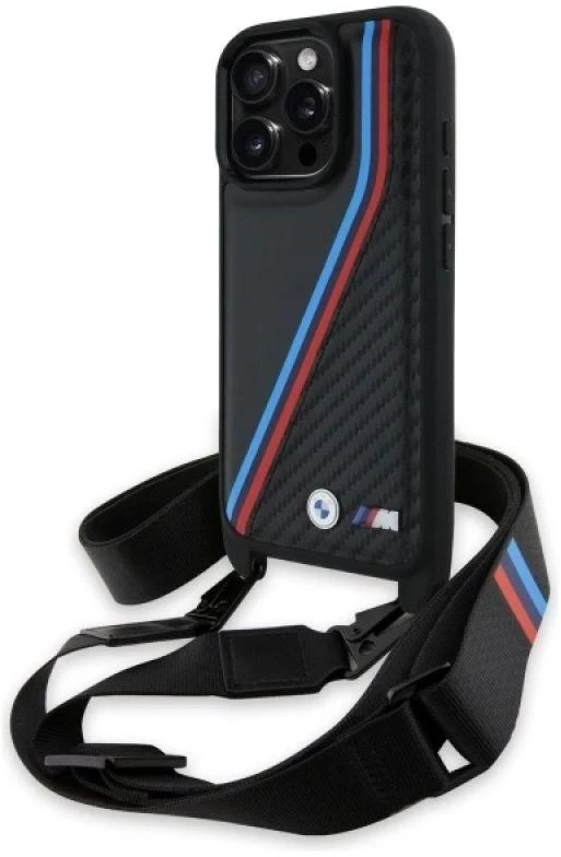 Dėklas BMW BMHCP16L23PSVTK Apple iPhone 16 Pro 6.3″ juodos spalvos hardcase M Edition Carbon Tricolor Lines & Strap