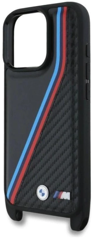 Dėklas BMW BMHCP16L23PSVTK Apple iPhone 16 Pro 6.3″ juodos spalvos hardcase M Edition Carbon Tricolor Lines & Strap