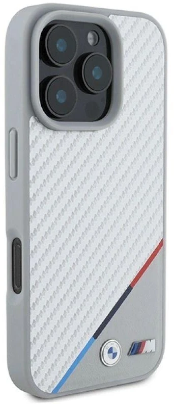 BMW BMHMP16L23 PUDTS Apple iPhone 16 Pro 6.3″ pilkas kietas dėklas M Carbon Tricolor Line MagSafe