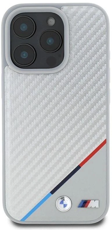 BMW BMHMP16L23 PUDTS Apple iPhone 16 Pro 6.3″ pilkas kietas dėklas M Carbon Tricolor Line MagSafe