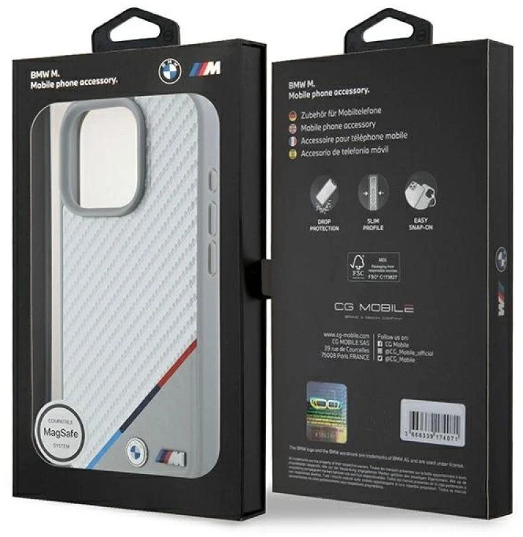 BMW BMHMP16L23 PUDTS Apple iPhone 16 Pro 6.3″ pilkas kietas dėklas M Carbon Tricolor Line MagSafe