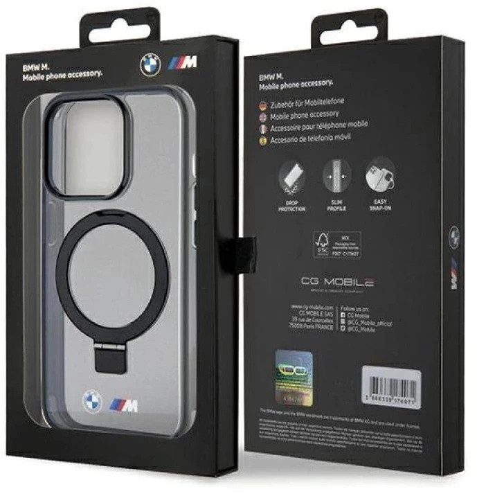 Dėklas BMW BMHMP15LURSK Apple iPhone 15 Pro 6.1″ juodos spalvos kietas dėklas Ring Stand M Collection MagSafe