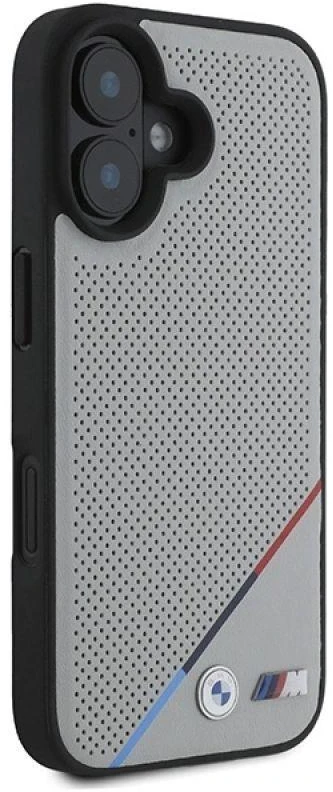 BMW BMHMP16S23 PUPDG Apple iPhone 16 6.1″ pilkas kietas dėklas M Perforated Tricolor Line MagSafe