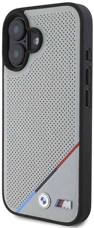BMW BMHMP16S23 PUPDG Apple iPhone 16 6.1″ pilkas kietas dėklas M Perforated Tricolor Line MagSafe