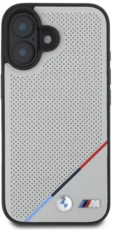 BMW BMHMP16S23 PUPDG Apple iPhone 16 6.1″ pilkas kietas dėklas M Perforated Tricolor Line MagSafe