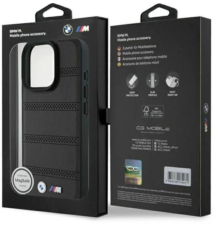 BMW BMHMP16L23 PUSPK Apple iPhone 16 Pro 6.3″ juodos spalvos kietas dėklas M Perforated And Stitched Line MagSafe