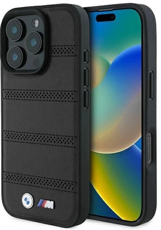 BMW BMHMP16L23 PUSPK Apple iPhone 16 Pro 6.3″ juodos spalvos kietas dėklas M Perforated And Stitched Line MagSafe