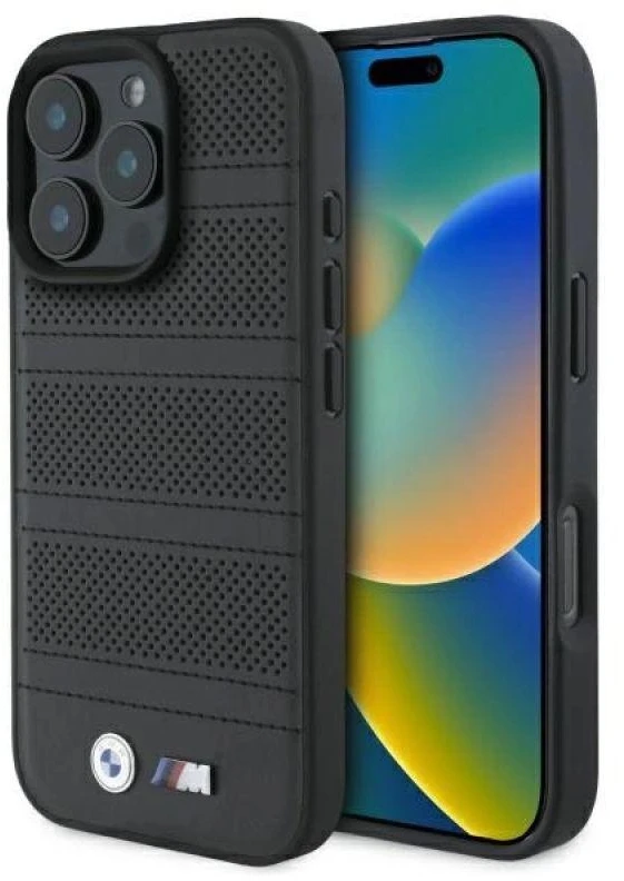 BMW BMHMP16X23 PUSPK Apple iPhone 16 Pro Max 6.9″ juodos spalvos kietas dėklas M Perforated And Stitched Line MagSafe