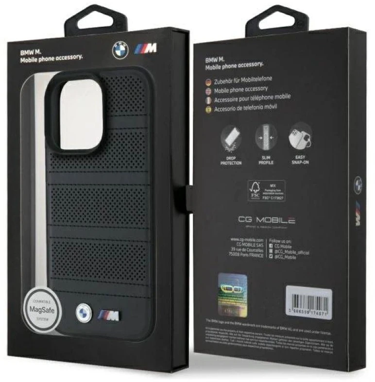 BMW BMHMP16X23 PUSPK Apple iPhone 16 Pro Max 6.9″ juodos spalvos kietas dėklas M Perforated And Stitched Line MagSafe