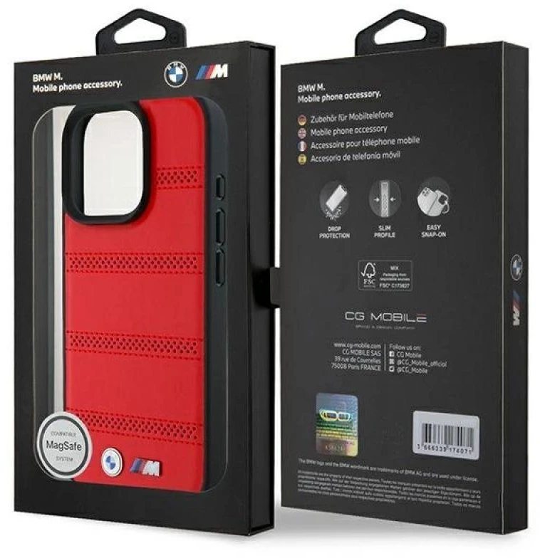 BMW BMHMP16L23 PUSPR Apple iPhone 16 Pro 6.3″ red kietas dėklas M Perforated And Stitched Line MagSafe
