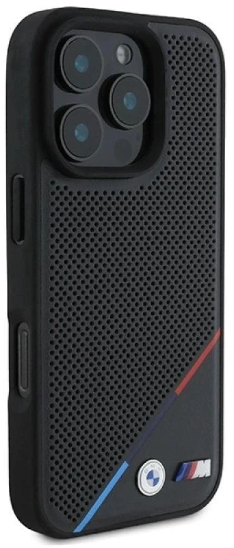 BMW BMHMP16L23 PUPDK Apple iPhone 16 Pro 6.3″ juodos spalvos kietas dėklas M Perforated Tricolor Line MagSafe