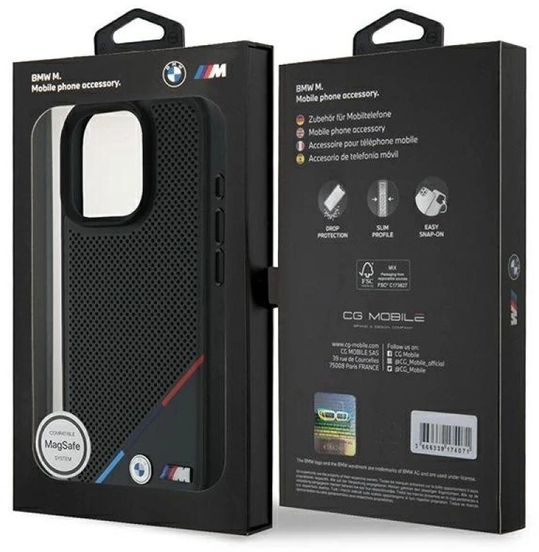 BMW BMHMP16L23 PUPDK Apple iPhone 16 Pro 6.3″ juodos spalvos kietas dėklas M Perforated Tricolor Line MagSafe