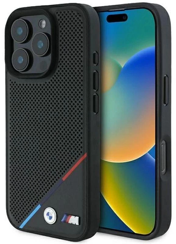 BMW BMHMP16L23 PUPDK Apple iPhone 16 Pro 6.3″ juodos spalvos kietas dėklas M Perforated Tricolor Line MagSafe