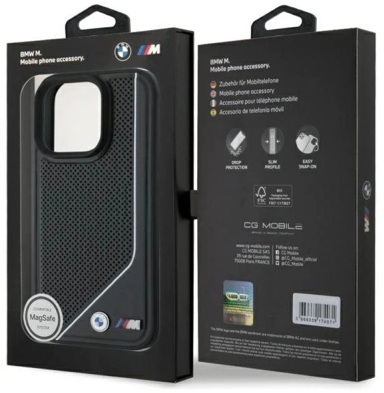 BMW BMHMP16L23 PUCPK Apple iPhone 16 Pro 6.3″ juodos spalvos kietas dėklas M Perforated Twisted Line MagSafe