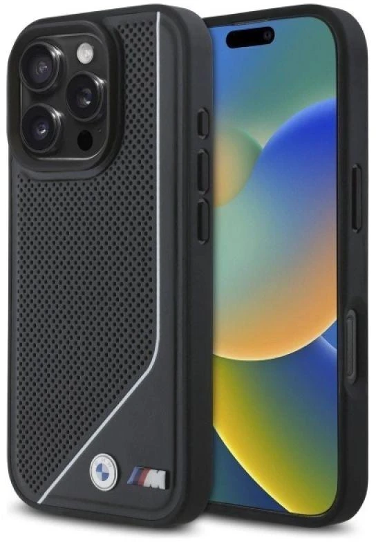 BMW BMHMP16L23 PUCPK Apple iPhone 16 Pro 6.3″ juodos spalvos kietas dėklas M Perforated Twisted Line MagSafe