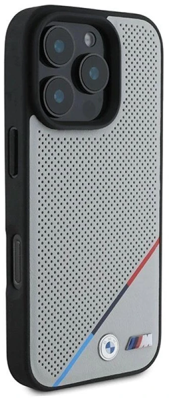 BMW BMHMP16L23 PUPDG Apple iPhone 16 Pro 6.3″ pilkas kietas dėklas M Perforated Tricolor Line MagSafe