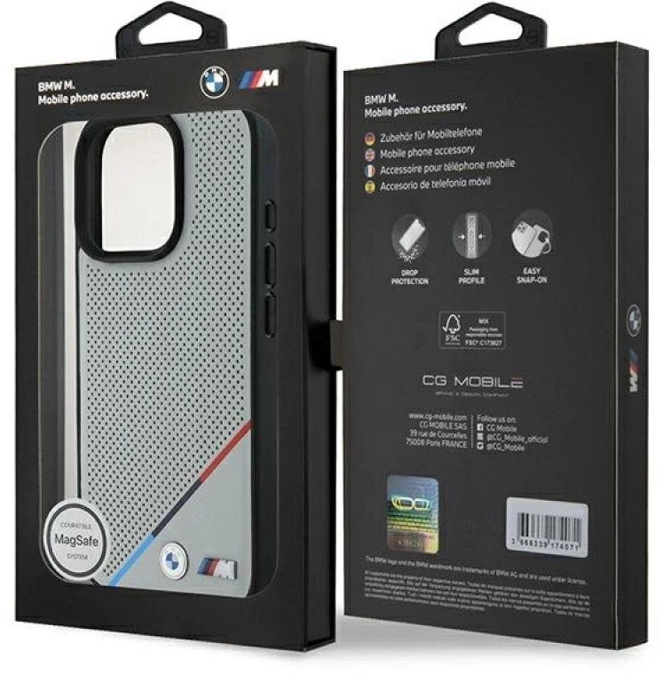 BMW BMHMP16L23 PUPDG Apple iPhone 16 Pro 6.3″ pilkas kietas dėklas M Perforated Tricolor Line MagSafe