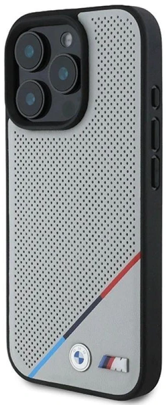 BMW BMHMP16L23 PUPDG Apple iPhone 16 Pro 6.3″ pilkas kietas dėklas M Perforated Tricolor Line MagSafe