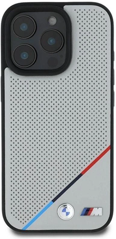 BMW BMHMP16L23 PUPDG Apple iPhone 16 Pro 6.3″ pilkas kietas dėklas M Perforated Tricolor Line MagSafe