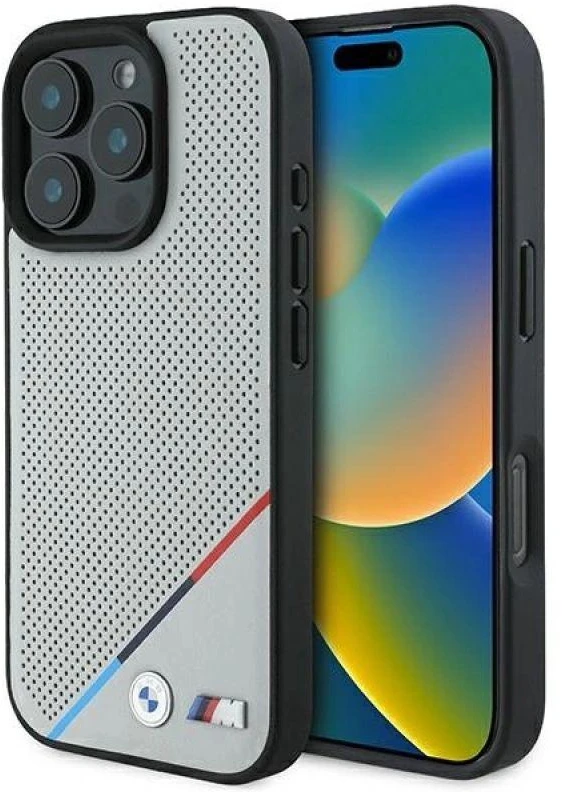 BMW BMHMP16L23 PUPDG Apple iPhone 16 Pro 6.3″ pilkas kietas dėklas M Perforated Tricolor Line MagSafe