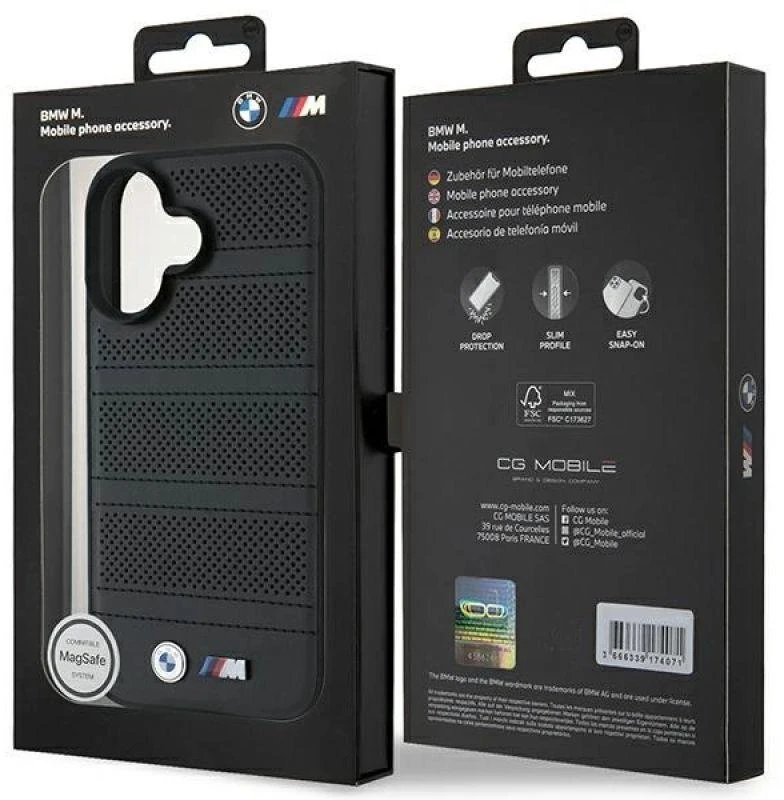 BMW BMHMP16S23 PUSPK Apple iPhone 16 6.1″ juodos spalvos kietas dėklas M Perforated And Stitched Line MagSafe