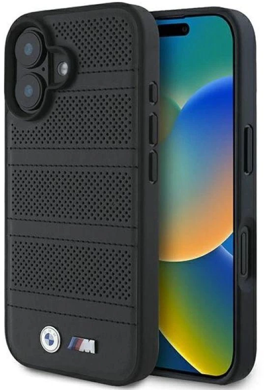 BMW BMHMP16S23 PUSPK Apple iPhone 16 6.1″ juodos spalvos kietas dėklas M Perforated And Stitched Line MagSafe